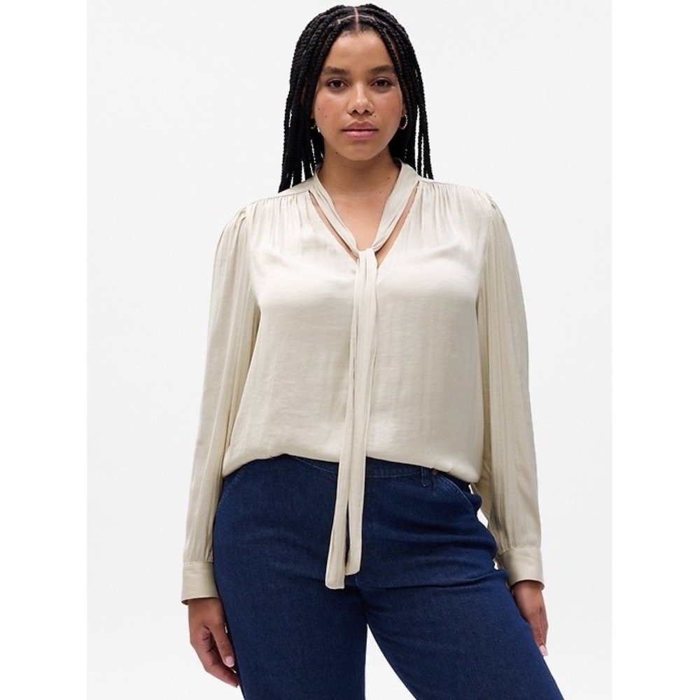 Gap‎ Shirt Women XL Beige Satiny Tie Neck Elegant Workwear Poetic Day to Night